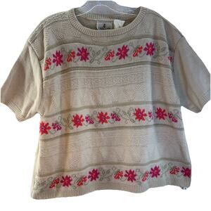 Vintage 80s 90s Cape Cod Floral Large Short Sleeve Sweater USA Made Cottagecore
